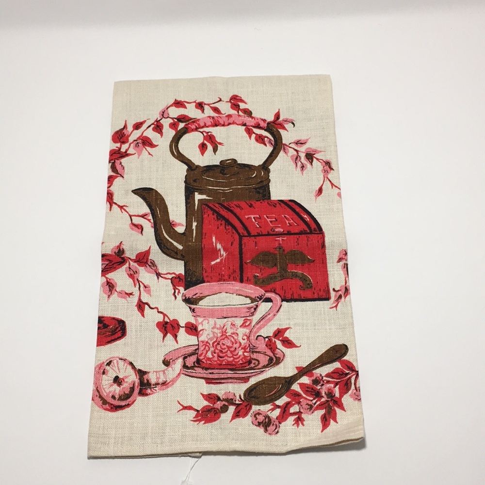 Tea Towel pure Linen unused red pink mcm 16 x 28 Parisian vintage